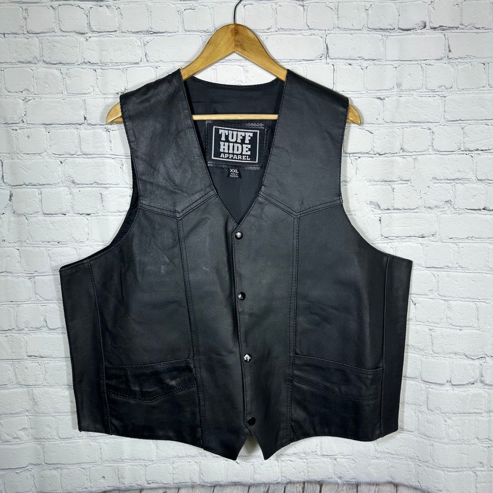 Tuff Hide Apparel Mens XXL Black Leather Motorcycle Biker Vest Snap Front Yoke